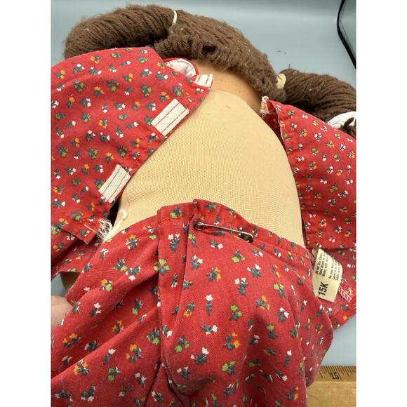 Vintage Cabbage Patch Kids Doll Brown Yarn Hair Red Floral Dress Signed - Picture 5 of 6